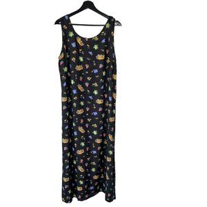 Vintage 90s Black Multicolor Garden Print Sleeveless Full Length Dress XL